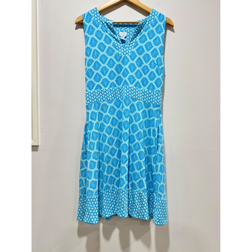 Sigrid Olsen Blue Shell Print Sleeveless Knit Dress Pockets Large